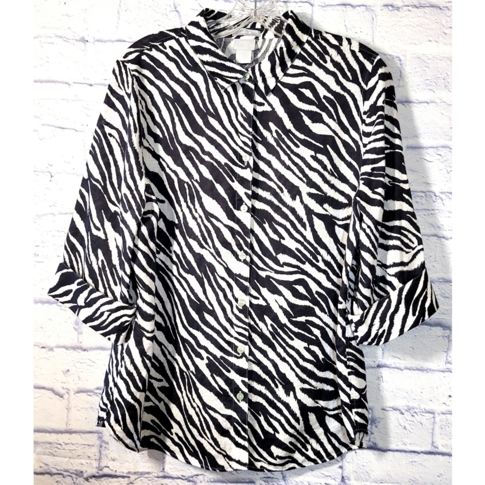 Chico’s 100% Linen Shirt Zebra Print Size M Black White Cuffed Sleeves Summer